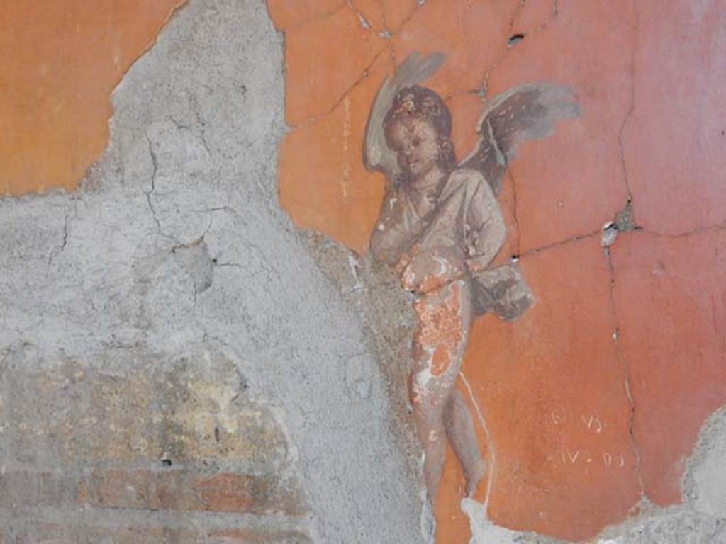 V.8 Herculaneum, May 2018. Room 7, painted cupid from west side of north wall of the large salon.
Photo courtesy of Buzz Ferebee.